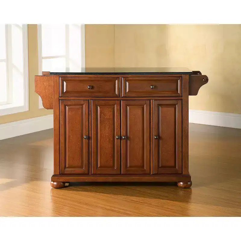 Black Granite Top Kitchen Island - Wood and Cherry: Hardwood Frame, Towel Bar, 6 Shelves, 2 Drawers