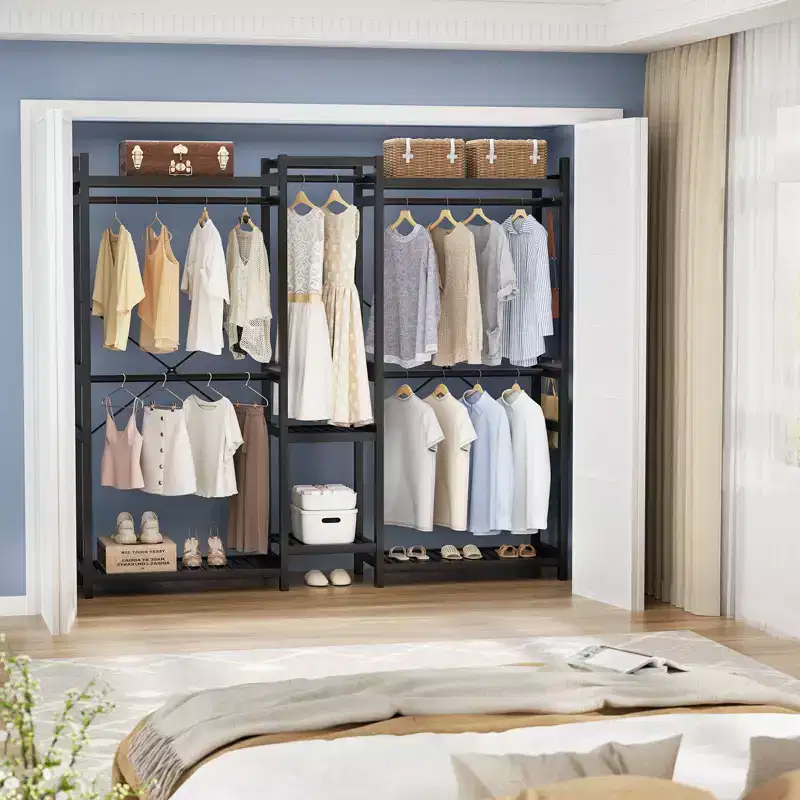 70-In Bamboo Garment Rack with 5 Hanging Rods, Freestanding Closet System with Shelves - Black