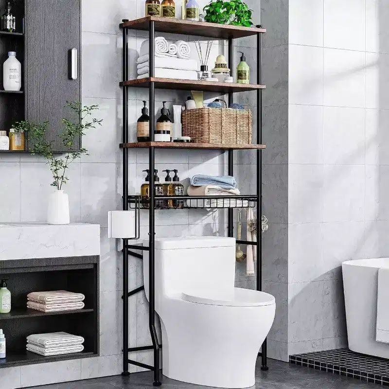 Over - Toilet Storage Shelf 4 - Tier Bathroom Organizer Cabinet Rack With Waterproof Feet Pad And Basket Brown
