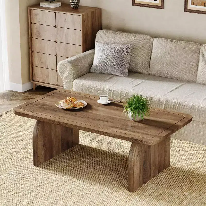 47-Inch Wood Farmhouse Rectangle Coffee Table, Low Cocktail Tea Table, Easy Assembly
