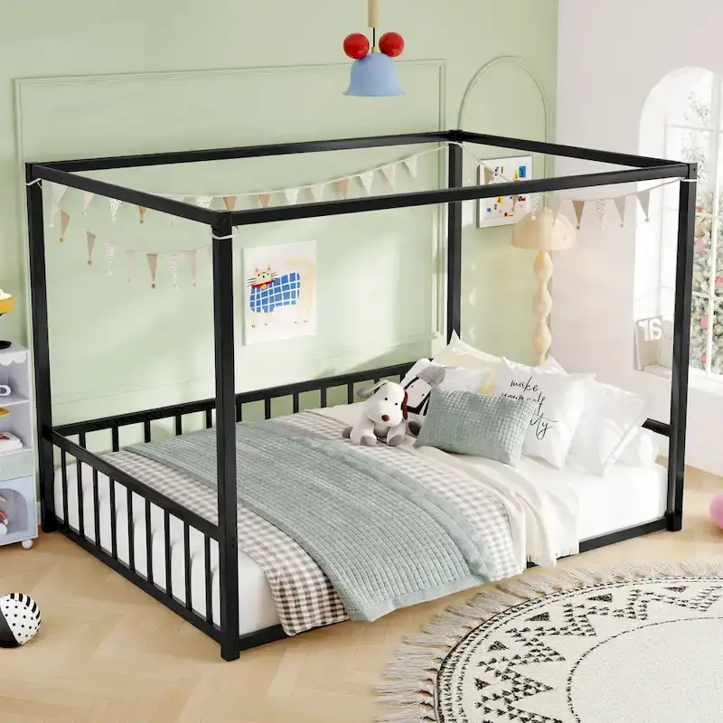 Iron House Bed Frame with Side Guardrails – Full / Queen / Twin