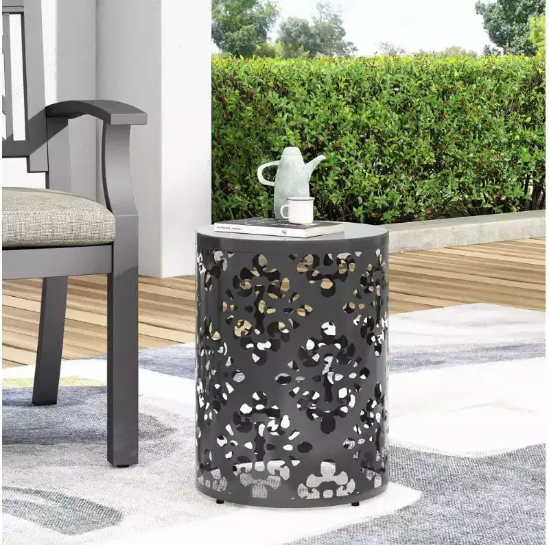 Side Table, Cylindrical End Table, Large Metal Side Table - Black Finish for Living Room/Patio
