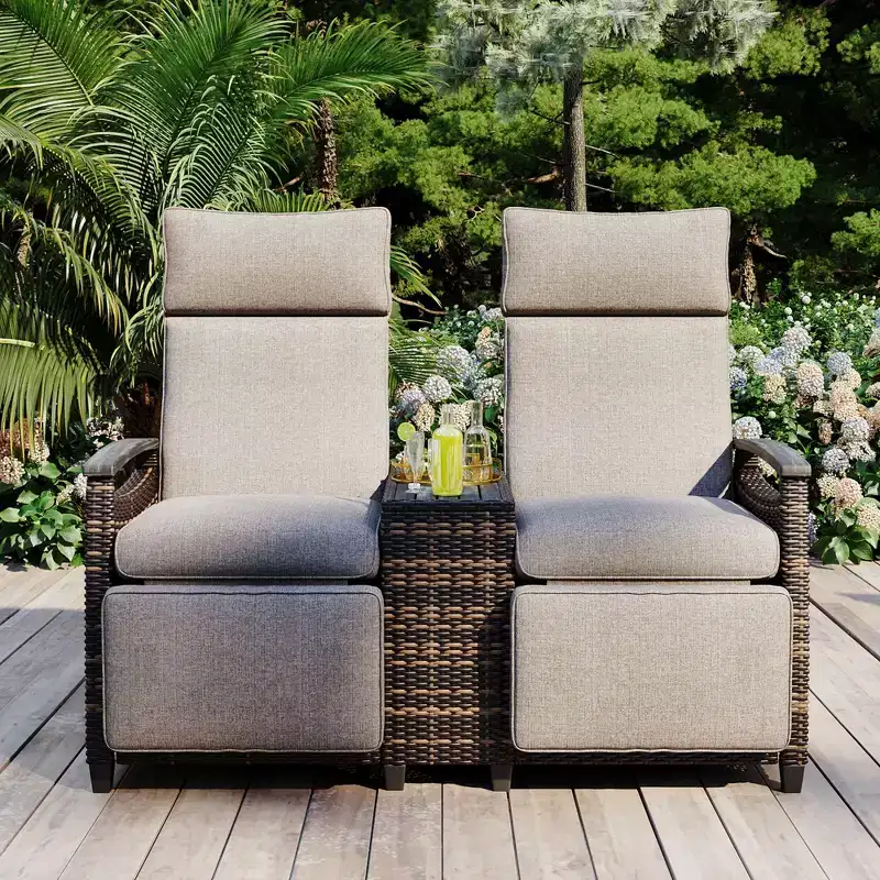 Okak 80-145 Patio Recliner Loveseat with Built-In Storage Table,High Back&Adjustable Footrest,Outdoor Lounge Chair for Porch&Backyard