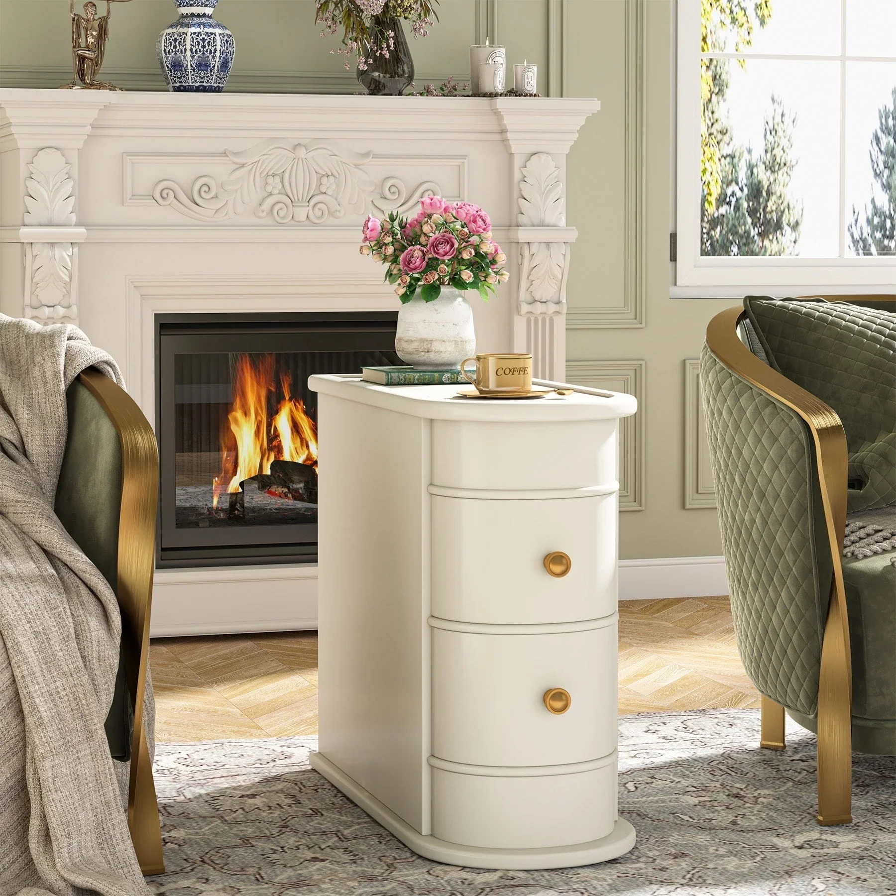 Solid Wood Chairside End Table, Two-Drawer Narrow Side Table Slim