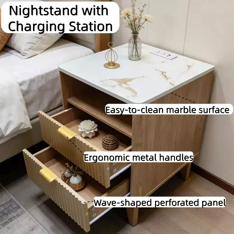 Modern Nightstand with Charging Station | 18 Small Bedside Table with Faux Marble Top & 2 Drawers | Oak Finish Bedroom, Living Room Night Stand