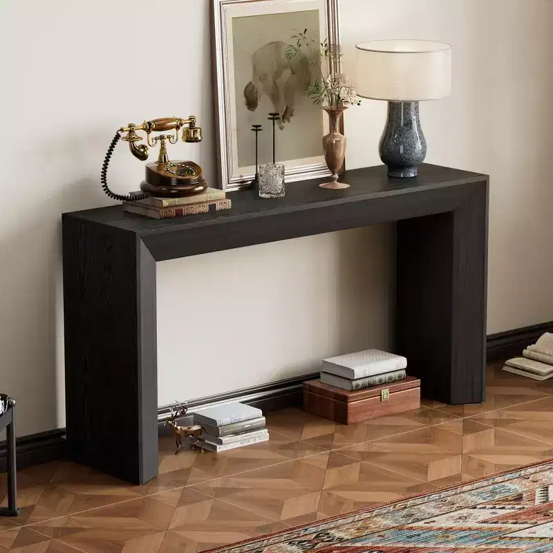 Modern Console Table & Entryway Table, Sturdy Sofa Table with Fireplace Design, Wood Veneer Top