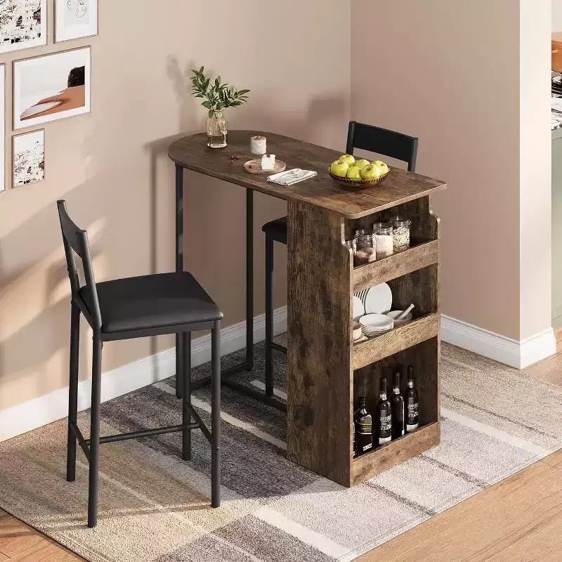 Acekool 2-Person Bar Table Set with Storage Shelf Space Saving Dining Table and Chairs for Kitchen Apartment