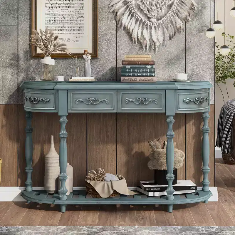 52 Inch Modern Curved Console Table with 4 Drawers and 1 Shelf for Living Room, Hallway