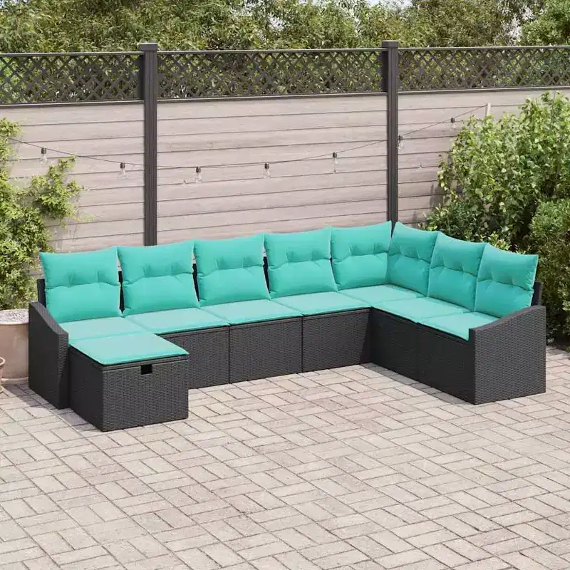 vidaXL Garden Sofa Set with Cushion 8 pcs Black Poly rattan - Black without table Blue
