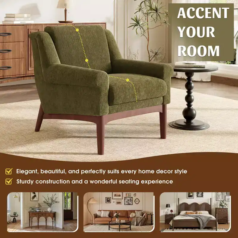 Whisen Sculptural Flared Arm Accent Chair with Solid Wood Frame Modern Reclined Upholstered Lounge Chair, Ergonomic Reading Chair