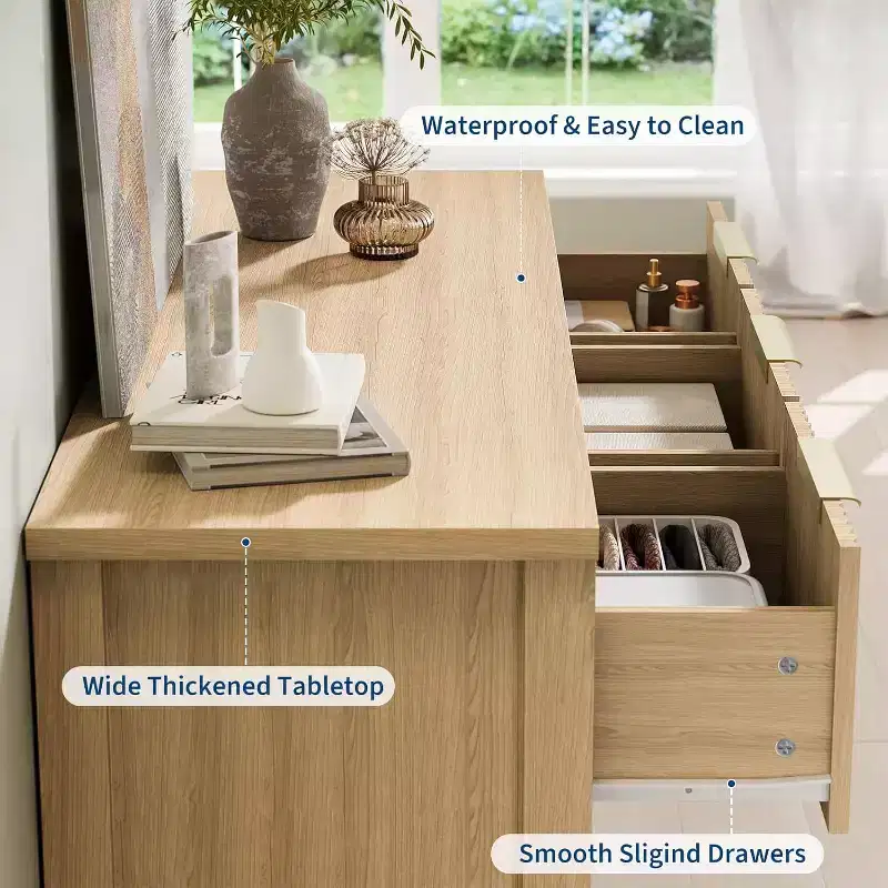 Fluted Dresser, Wooden Dresser TV Stand,7-Drawer Wood TV Stand with Gold Handles,55 Inch Modern Storage Cabinet for Bedroom Closet