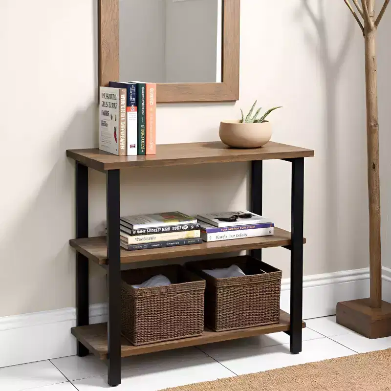 31" Pomona 2 Shelf Bookshelf Metal and Solid Wood Natural - Alaterre Furniture