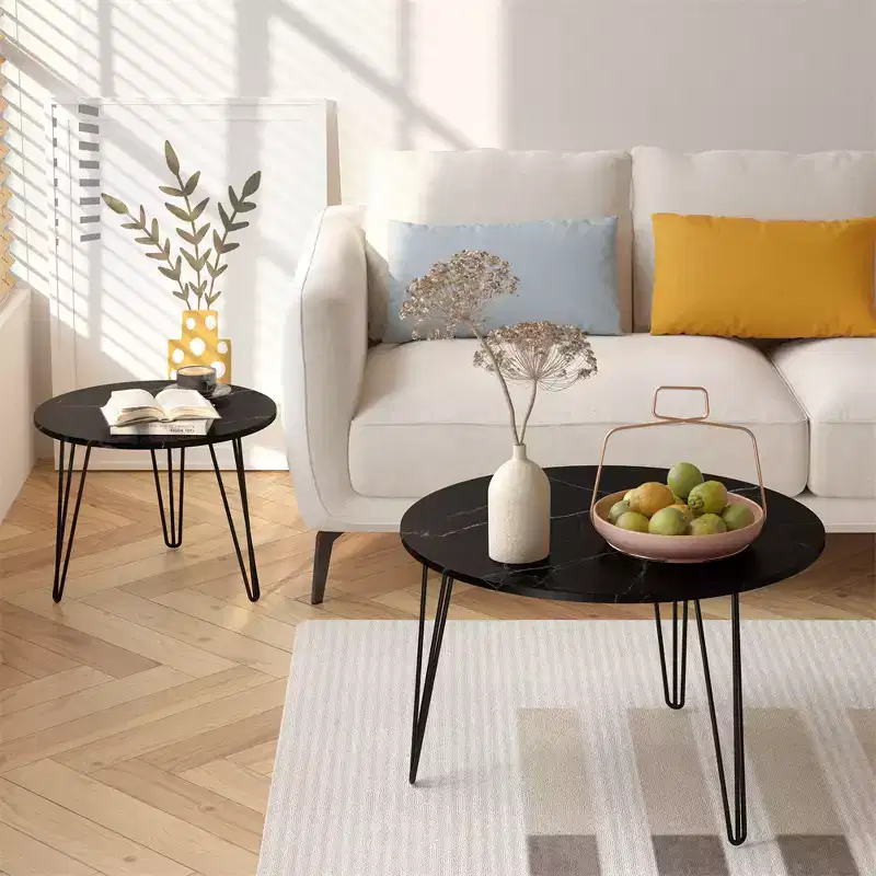 Modern Round Nested Side 2 Table Set, featuring a round marble-textured tabletop and a sturdy metal baseSuitable for living rooms and bedrooms