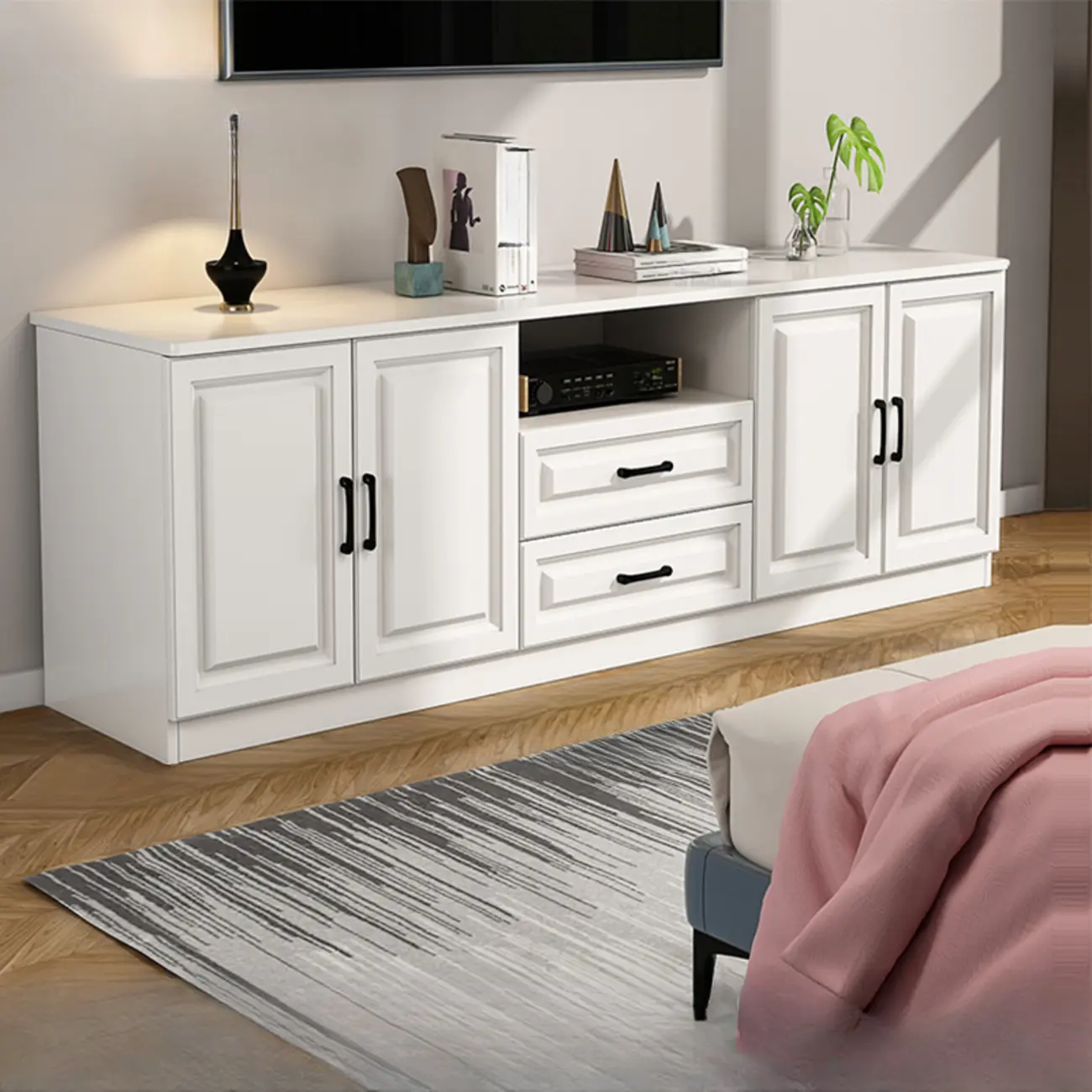 Modern White Wooden TV Stand with Storage and Cable Management
