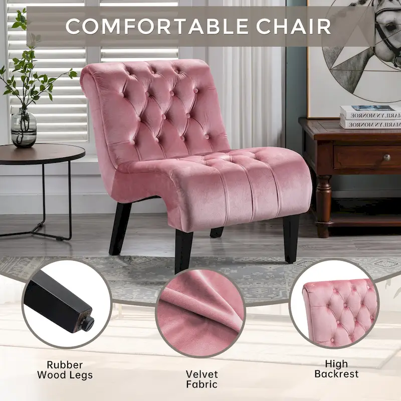 Velvet Armless Accent Chair with Wooden Legs and Thick Cushioned Seat