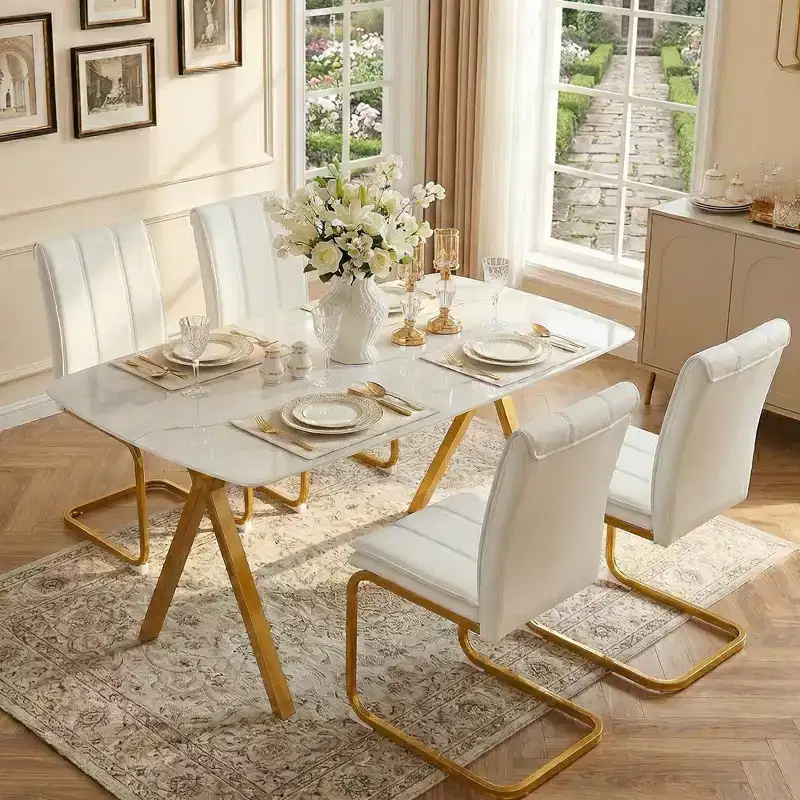 GDFStudio Daniela Modern Tempered Glass Rectangular Dining Table with Marble Design and Metal Legs