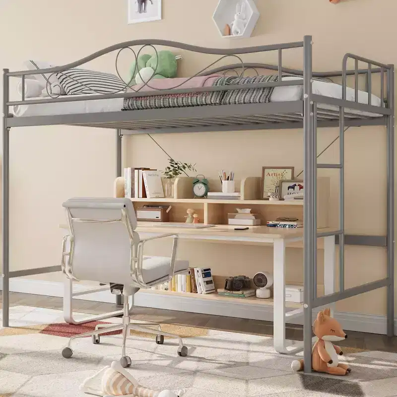 Single loft bed  Heavy-duty metal frame, removable ladder, full-length safety rails, 400 lbs weight capacity, no mattress base required