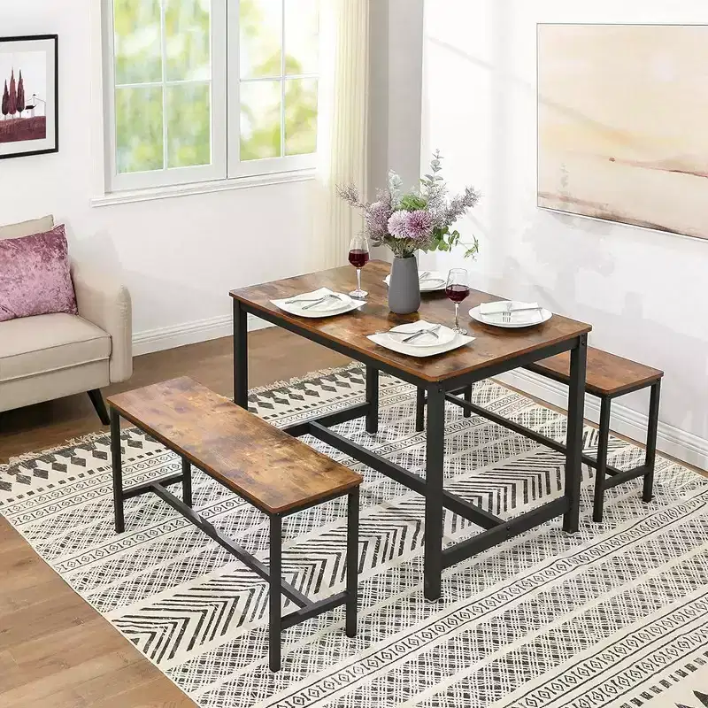 LEDREM Dining Bench, Pair of 2, Industrial Style, Steel Frame, for Kitchen, Living Room, 12.8 x 42.5 x 19.7 Inches, Rustic Brown + Black