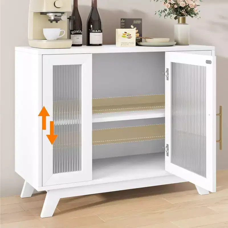 Coolmee Accent Storage Cabinet, 36'' Sideboard Buffet Cabinet with Fluted Glass Door and Adjustable Shelf, Coffee Bar Cabinet for Kitchen, Dining