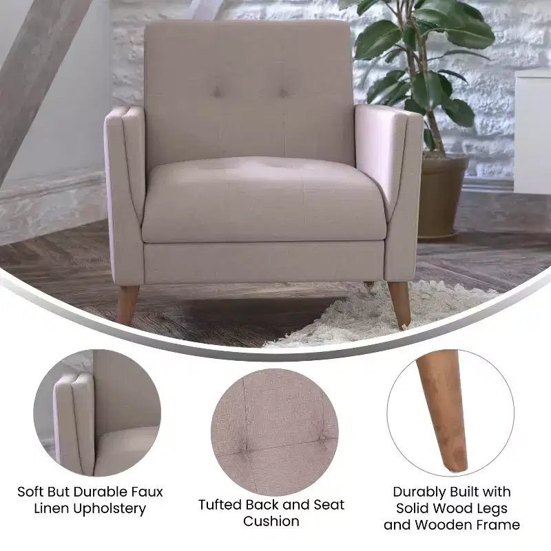 Flash Furniture Conrad Mid-Century Modern Commercial Grade Armchair with Tufted Faux Linen Upholstery & Solid Wood Legs