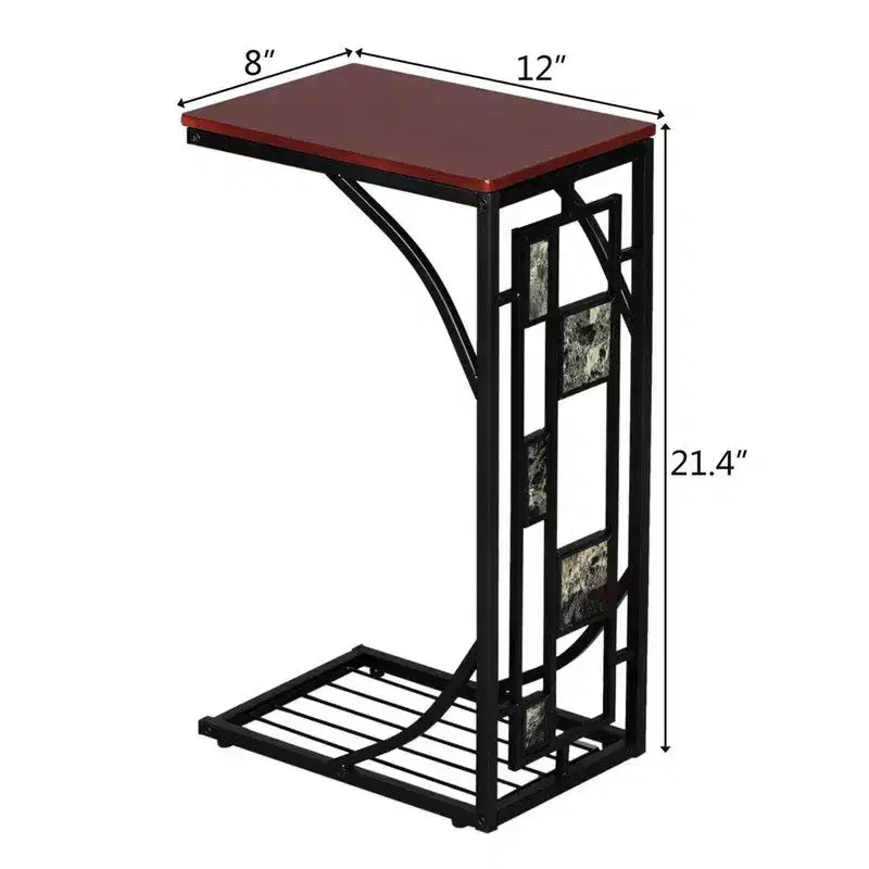 Disassembled and Assembled Single-layer C-shaped Table with Brown Density Board Tabletop, Black Powder-coated Iron Frame, Gravel Pattern Side Table