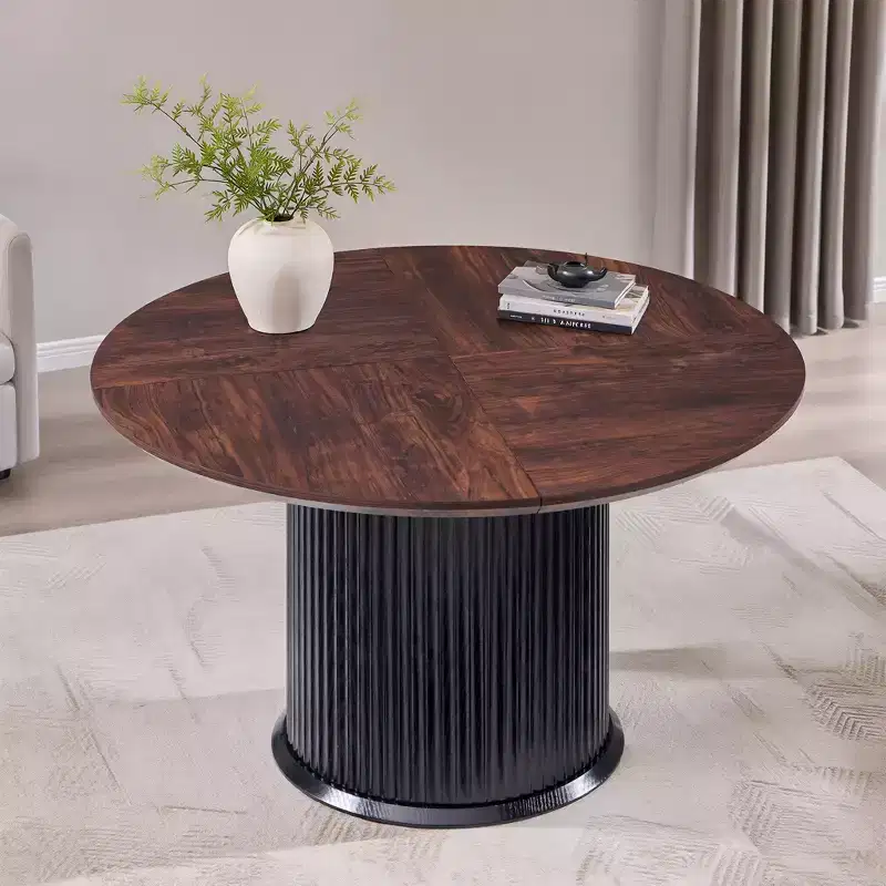 Black / Light Brown / Natural – Round Fluted Dining Table, Pedestal Base, Seats 4–6