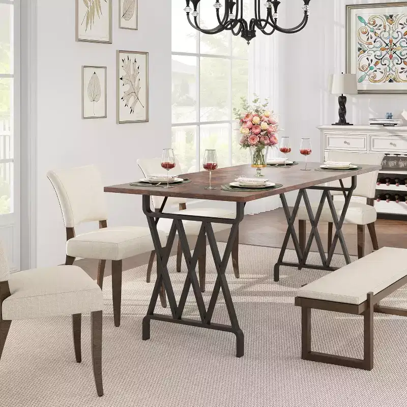 6-person Dining Table, 71 Rectangular Dining Table with X-shaped Metal Legs and Wooden Tabletop, Kitchen Dining Table for 6-8 People