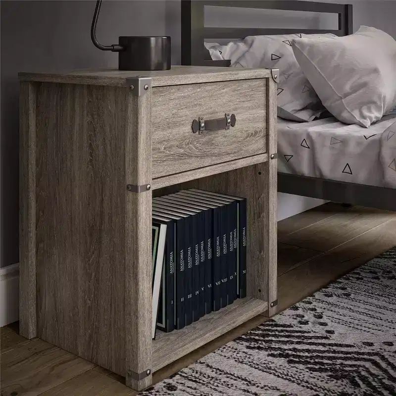 1-Drawer Storage Nightstand with Leather Drawer Pull, Gray Oak