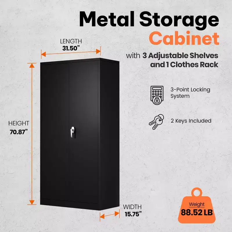 AOBABO Large Metal Wardrobe Style Storage Cabinet with 3 Adjustable Shelves, Cloth Rail, and Lockable Doors for Home Organization
