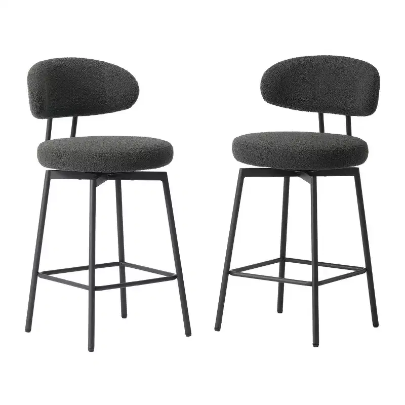 Modern Upholstered Faux Shearling Fabric Counter Height Bar Stools with Back (Set of 2