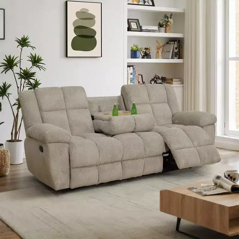 Reclining Sofa, 3-Seat Corduroy Fabric Recliner with Adjustable Backrests for Living Room, Beige