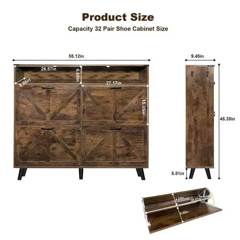 Shoe Storage Cabinet, Farmhouse Shoe Organizer with 4 Flip Drawers and Open Storage, Freestanding Narrow Shoe Rack for Entryway, Hallway