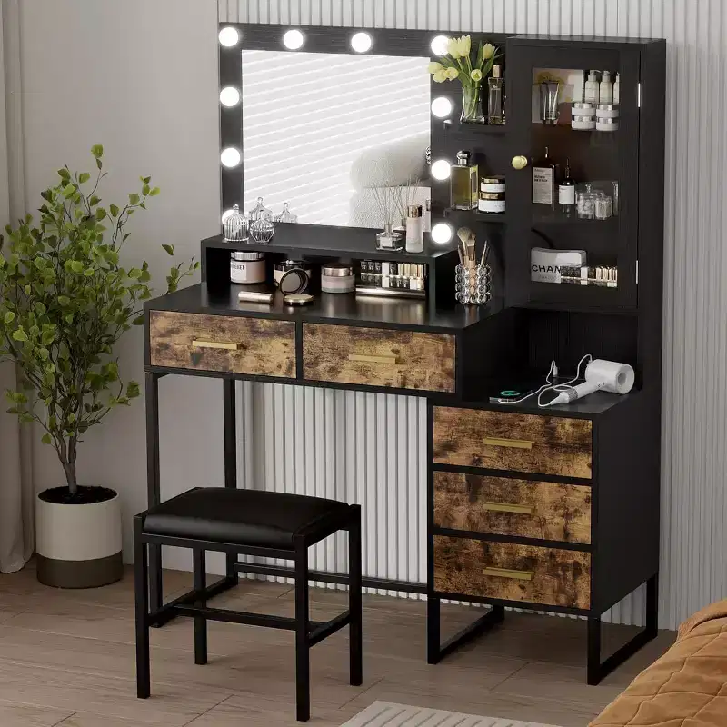 Bedroom Dressing Table with Mirror and Lamp, 3 Colours, Wooden Dressing Table with Charging Stand, 5 Drawers and Open Storage Shelf, Black