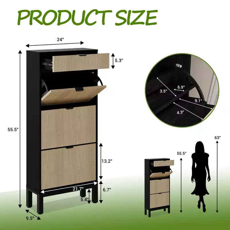 GustoWave Shoe Cabinet with 3 Flip Doors & 1 Drawer, Entrance Wooden Shoe Rack with Iron Legs, Slim Shoe Storage Cabinet, Modern Fluted Shoe Organizer