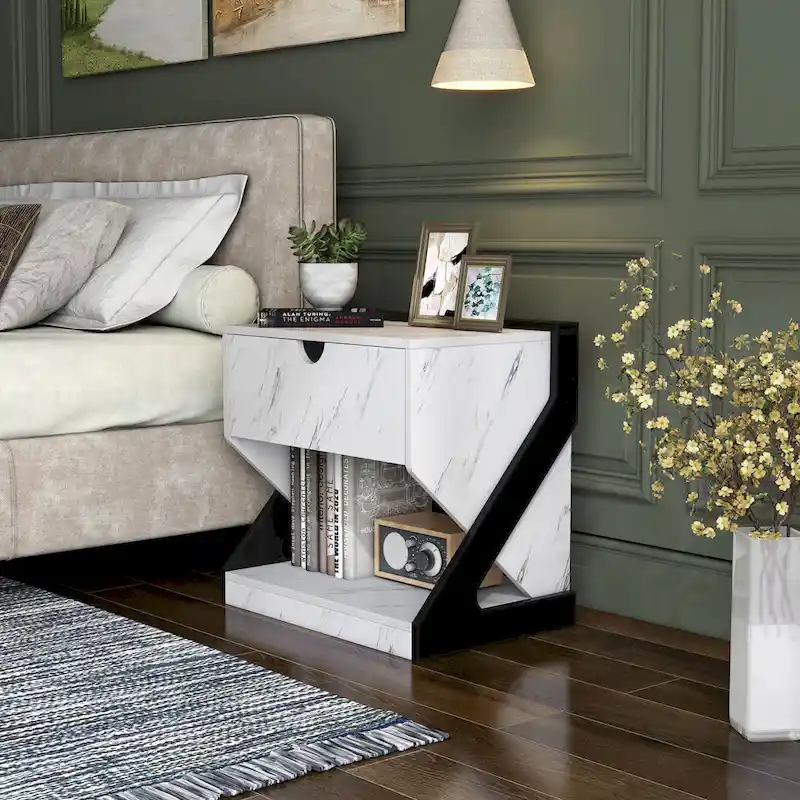 DH BASIC Modern White Faux Marble 1-Drawer Nightstand Side Table by