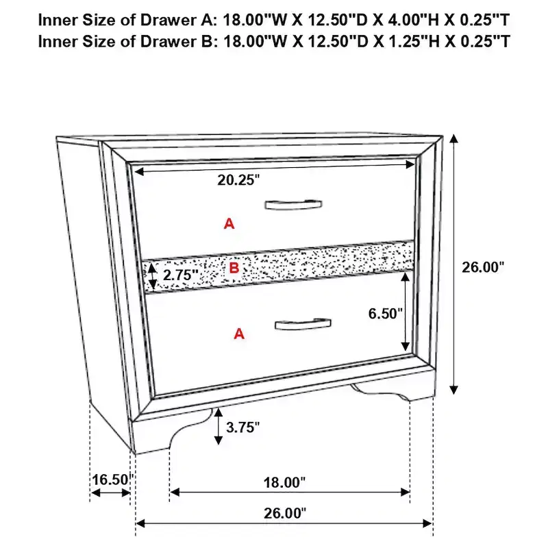 Black / White 2-Drawer Nightstand with Rhinestone Pulls, for 1