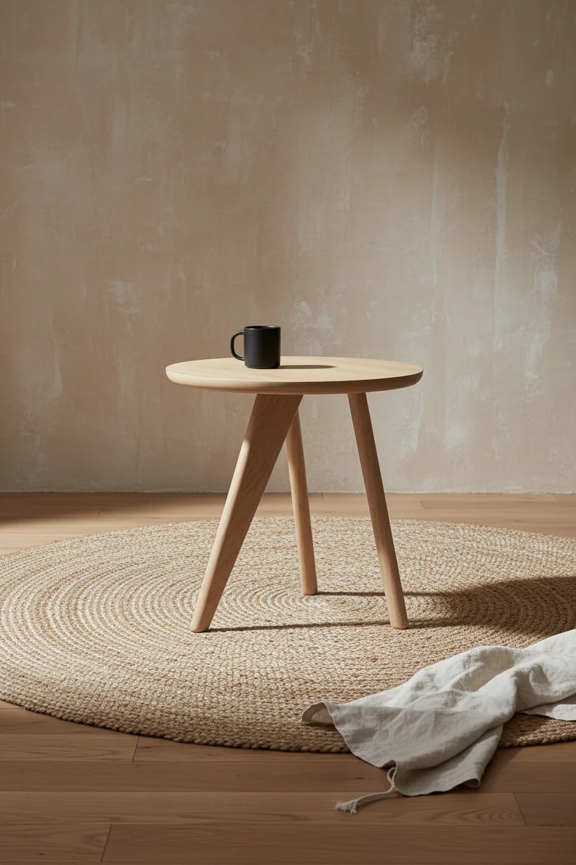 Minimalist Solid Oak Side Table with Fin-Shaped Leg & Paper-Thin Veneer Top for Living Room