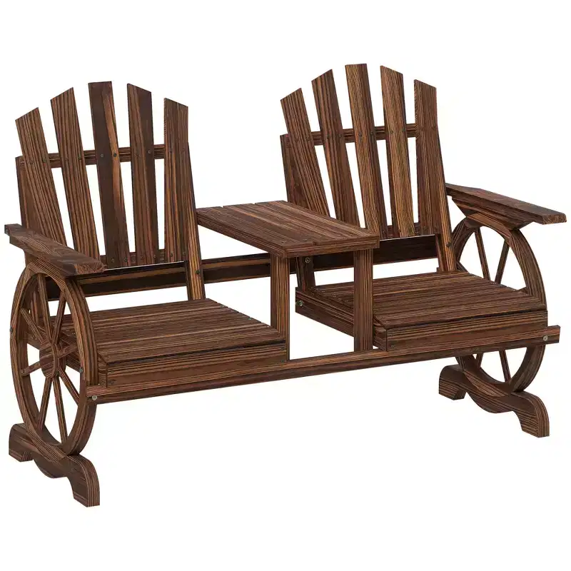 Outsunny Wooden Garden Bench with Table, Umbrella Hole, 2-Seat Wagon Wheel Outdoor Bench, High Backrest, Armrests for Backyard, Patio