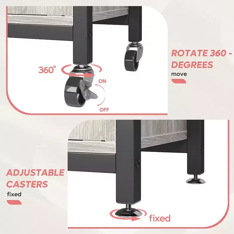 Height-Adjustable Microwave Stand Baker's Rack with Cabinet, Hooks & Wheels, Kitchen Storage