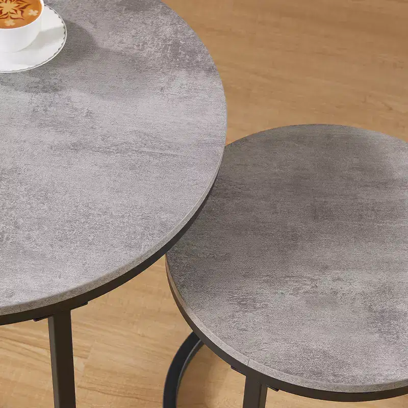 24 Round Nesting Table, Accent Coffee Table, Grey Faux Concrete Wood Finish, Space-Saving, Modern Industrial Style