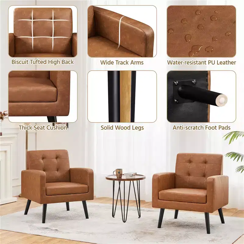 Yaheetech Set of 2 Faux Leather Tufted Back Arm Chair Accent Chair with Solid Wood Legs