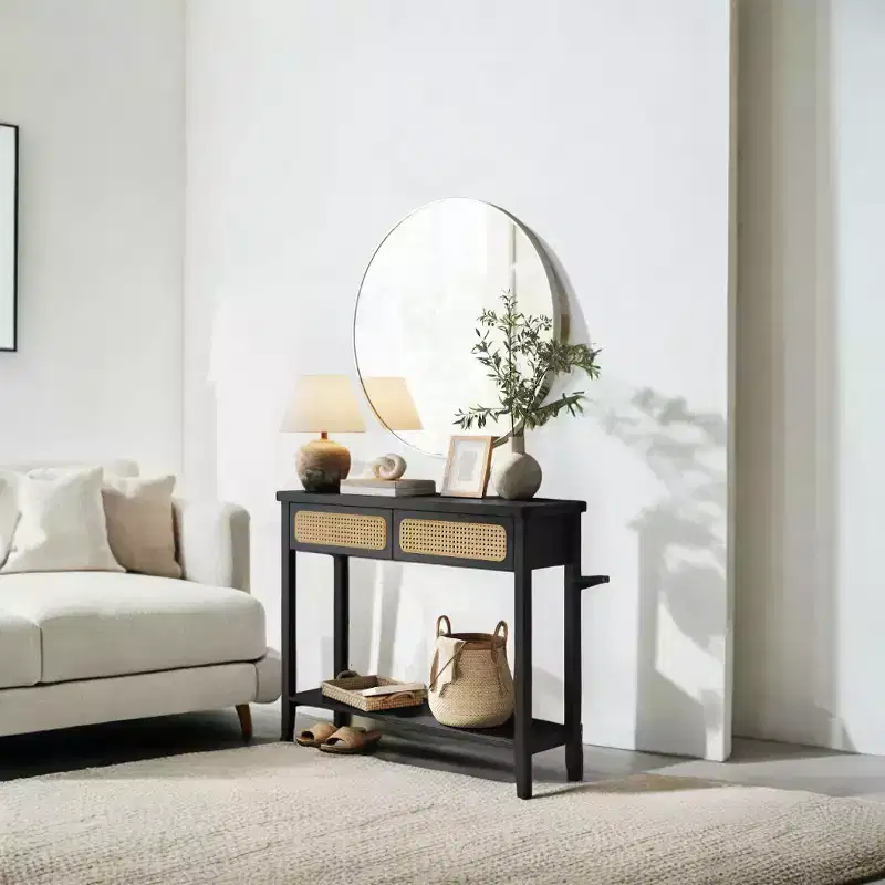 Rattan Console Table with 2 Drawers & Open Shelf, Narrow Entryway Table, 39.4