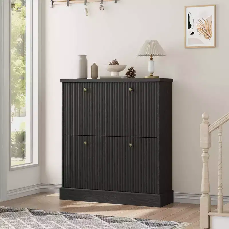 Shoe Cabinet with 2 Flip Drawers, Hidden Wooden Fluted Shoe Cabinet with Adjustable Shelf, Freestanding Shoe Storage Cabinet for Entryway Hallway