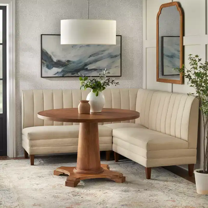 Lifestorey 4pc Kerrington Channel Back Banquette Dining Set Walnut/Cream: Linen-Look Fabric, Pedestal Table