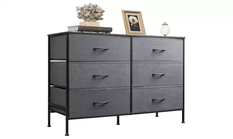 DEXYLLO Dresser for Bedroom with 6 Drawers, Wide Dresser TV Stand for 50 Inches TV, Gray Dresser with Metal Frame, Wooden Top, Dark Gray