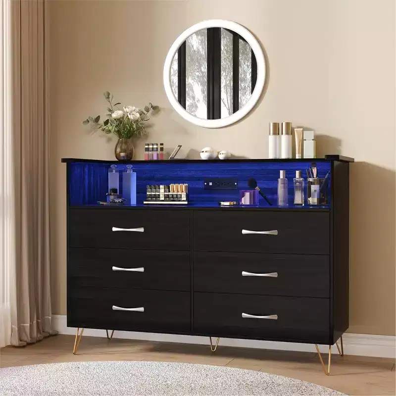 Dresser for Bedroom with LED Lights  6 Drawer Dressers with Charging Station, Wood Storage Chest for Entryway