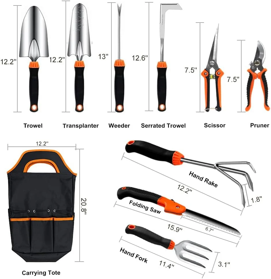 10-Piece Stainless Steel Garden Tool Set with Storage Tote Bag