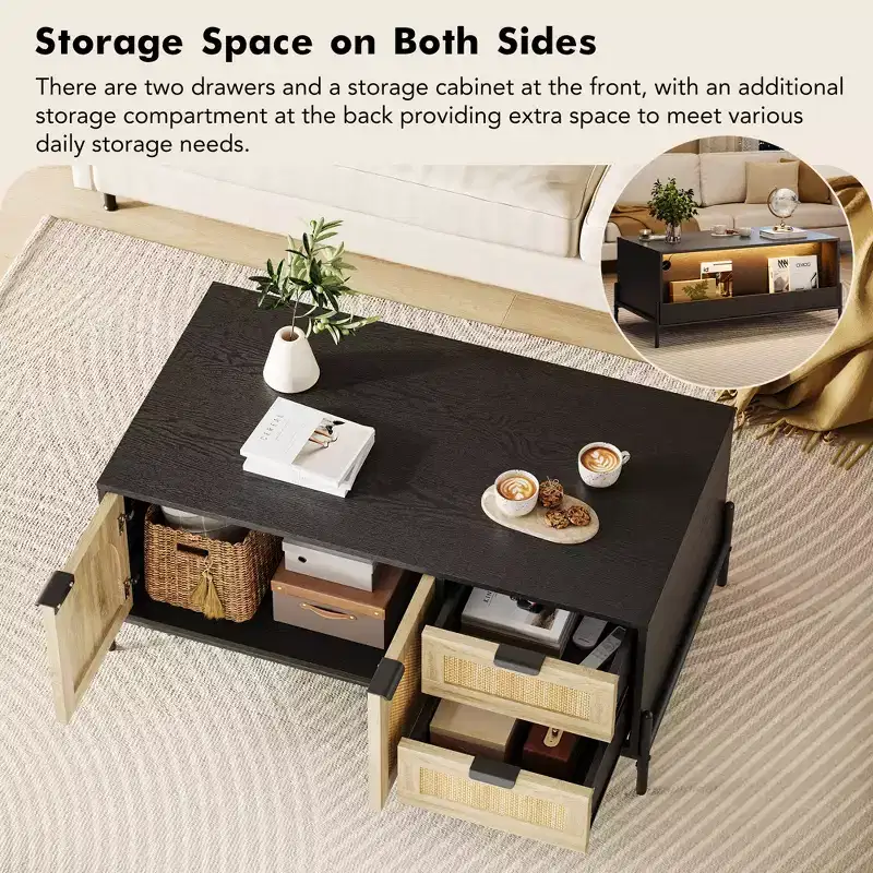 2 Drawers Storage Cabinet Rattan Coffee Table,Open Shelf for Home Office,