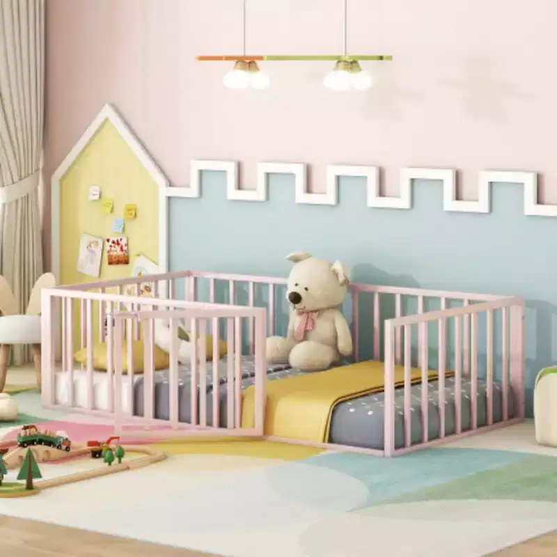 Pink Twin Size Metal Bed Frame with Fence and Door Design