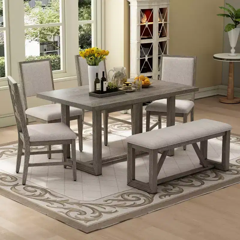 GDFStudio Monica 6 Piece Dining Set with 60 Wood Table and Upholstered Chairs&Bench
